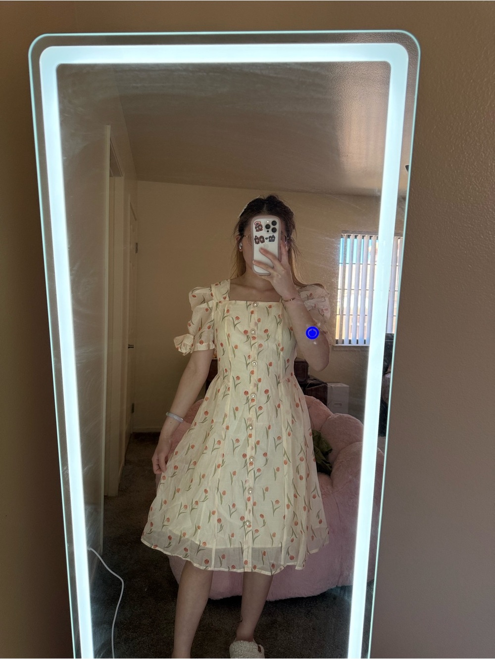 Floral Puff-Sleeve Midi Dress in Cream